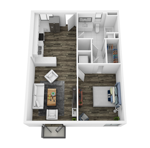 a stylized floor plan with a bedroom and a living room